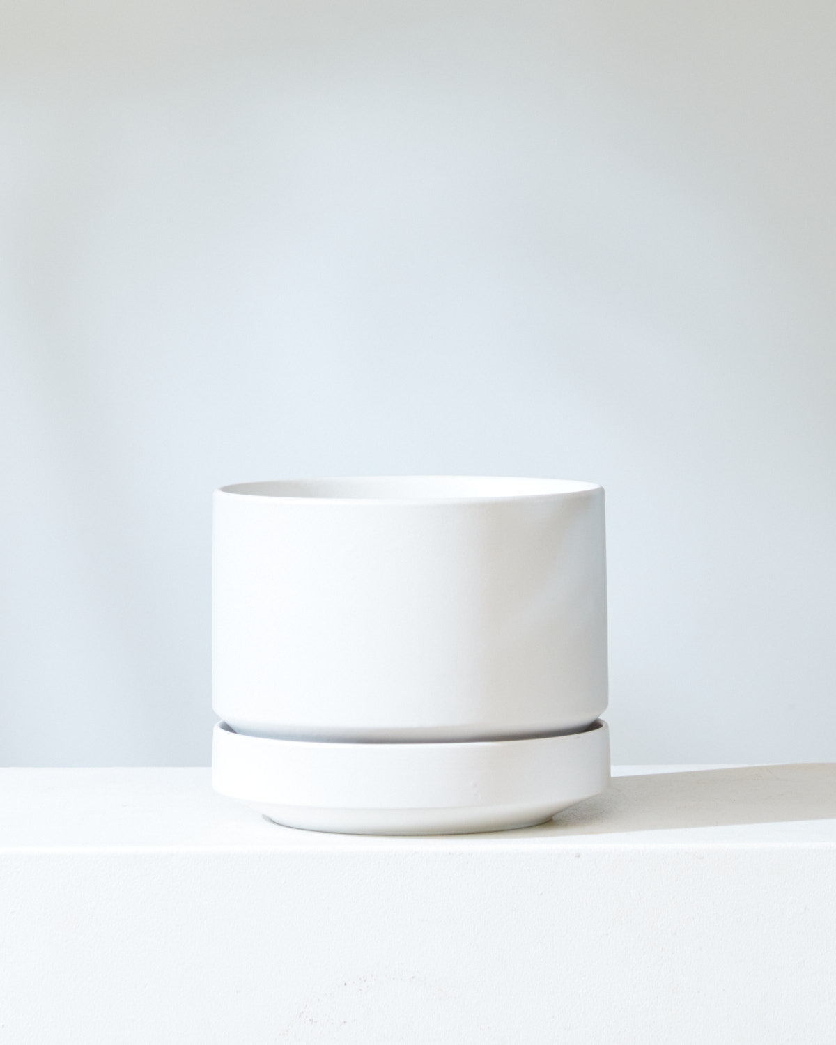 Round Two White Ceramic Planter with Drainage and Tray | 8 inch Diameter