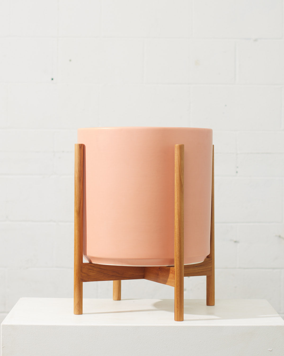The Fourteen Peach Ceramic Cylinder Planter with Natural Teak Wooden Stand | 14 inch Nursery Pot
