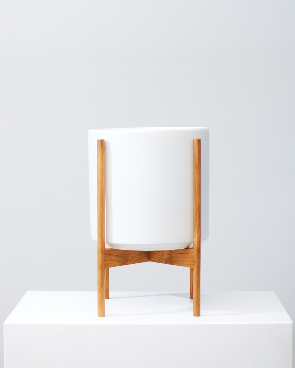 The Twelve White Ceramic Cylinder Planter with Natural Teak Wooden Stand | 12 inch Nursery Pot